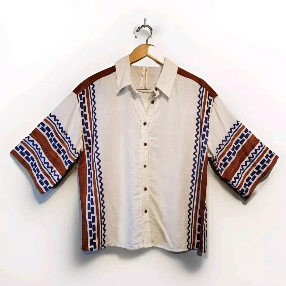 Anthropologie Cream Button-Down Shirt with Blue and Brown Geometric Stripes